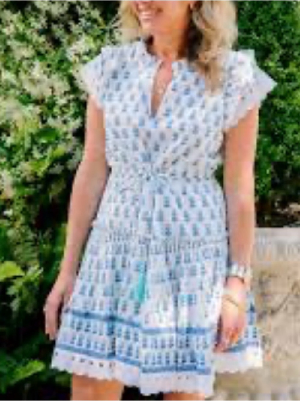 Charlee White Blue Floral Block Print Csp Sleeve Cotton Eyelet Mini Dress Large